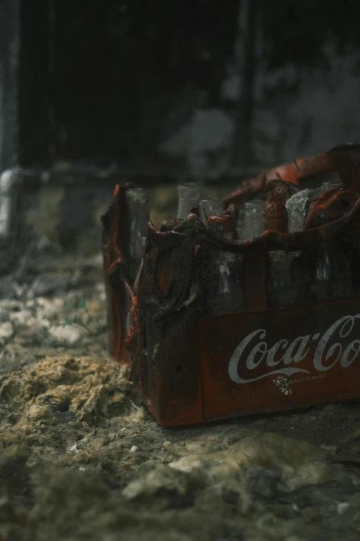 a coca cola crate lying in dirty rocks