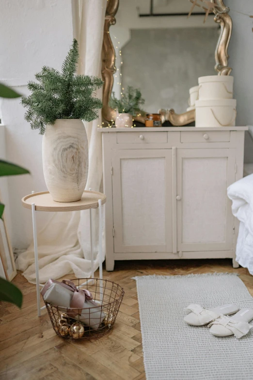 a mirror, white dresser and plants on the floor