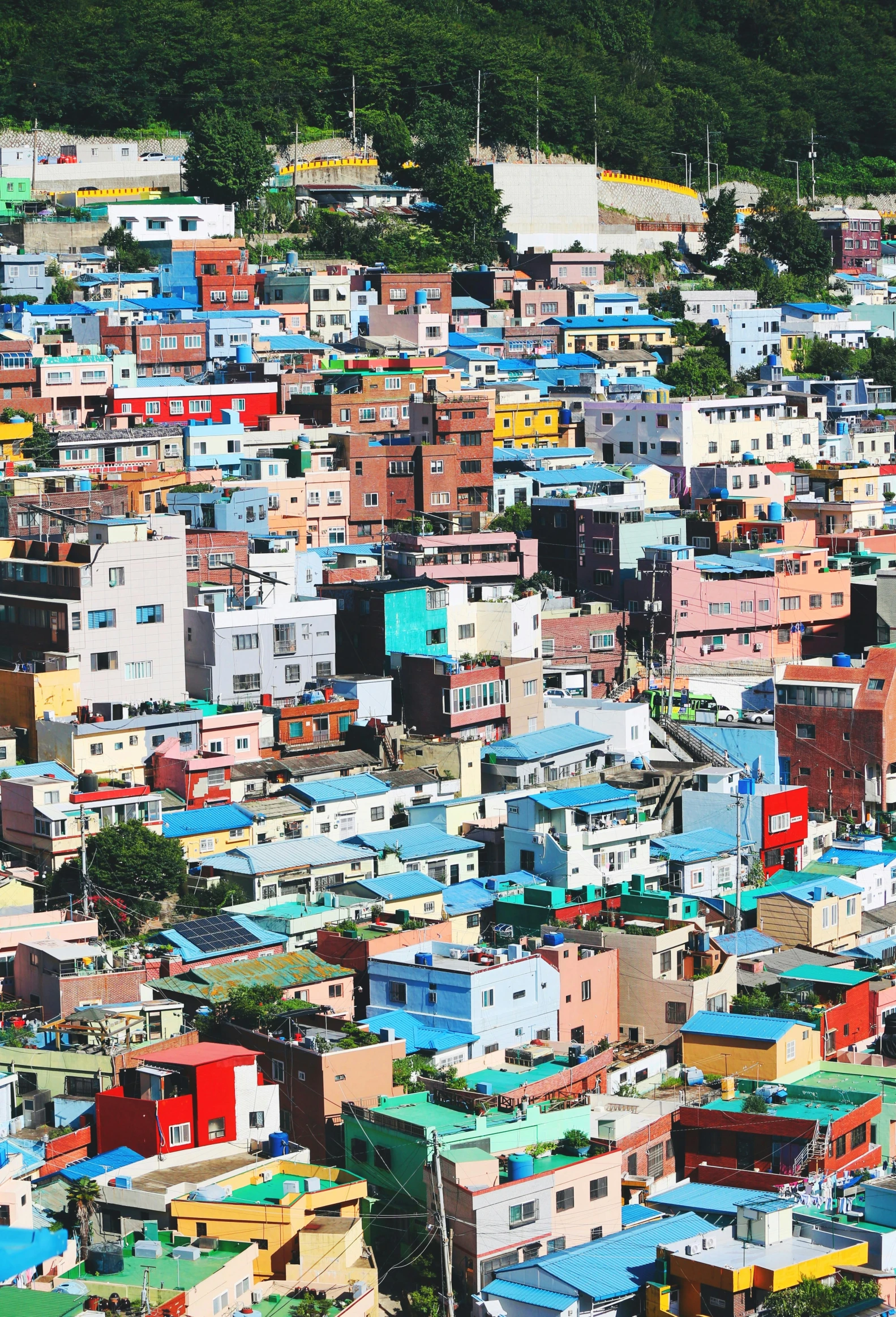 colorful cityscape with steep hill and mountains in background