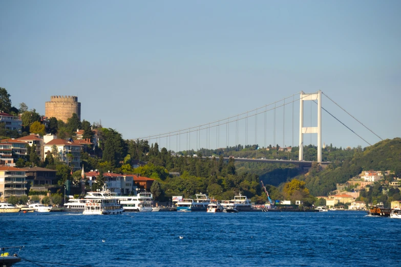 some boats are out in the water and a bridge is in the background