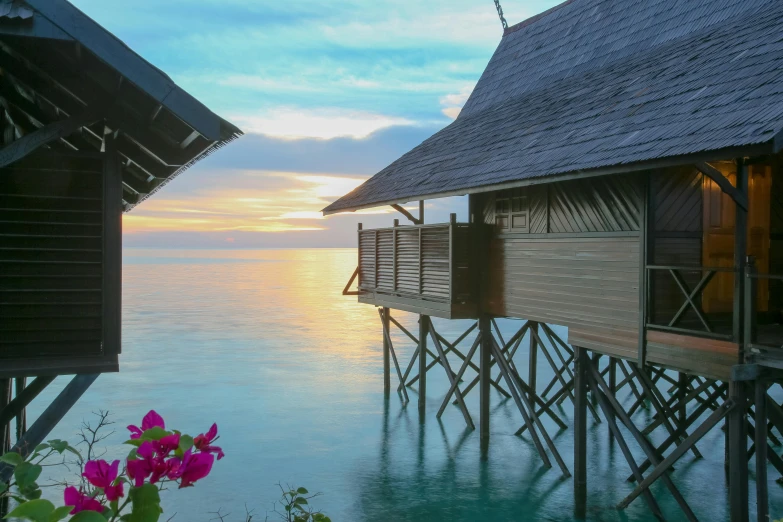 there are buildings with a roof near the ocean