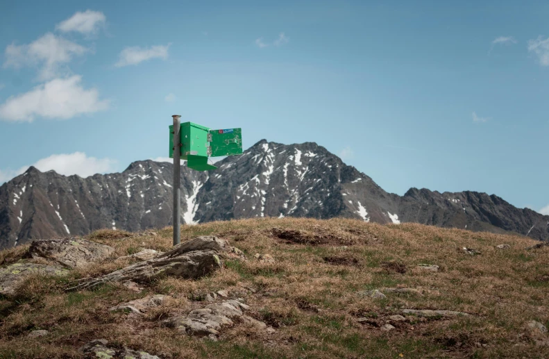 a street sign sits on top of a grassy hill