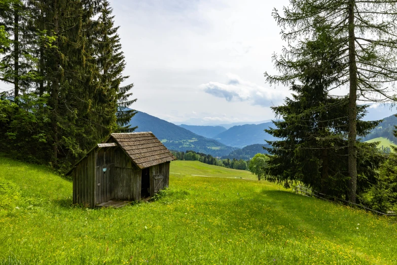 a small shed with a roof sits in the middle of a grassy hill