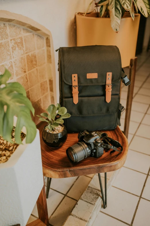 a backpack on a table and some other objects