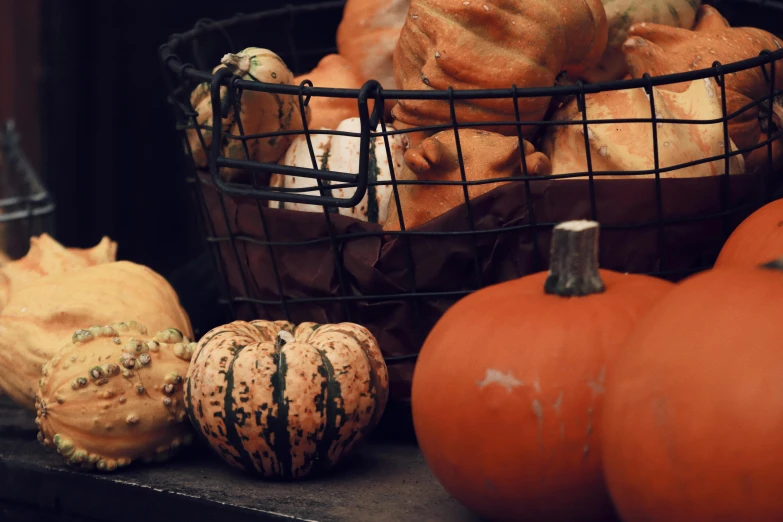 a metal basket filled with various pumpkins sitting on top of a shelf