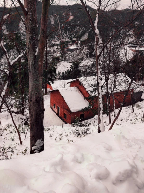 the house is in the snow, surrounded by trees