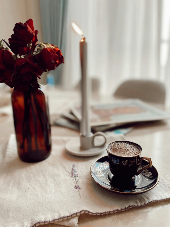 the table is set with two cups of coffee