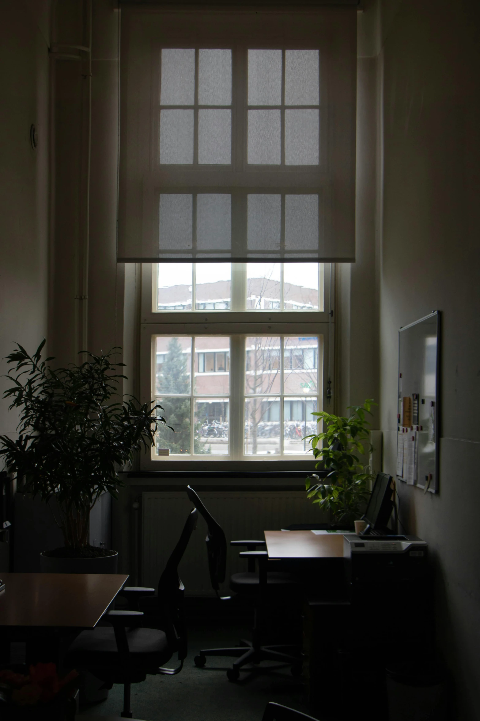 a small office desk with a plant by the window