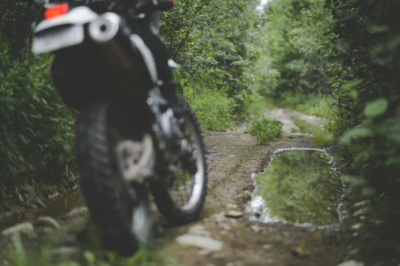 a motor bike is parked on a dirt trail through the woods