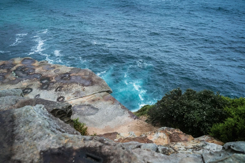 a rocky outcropping of blue water and trees