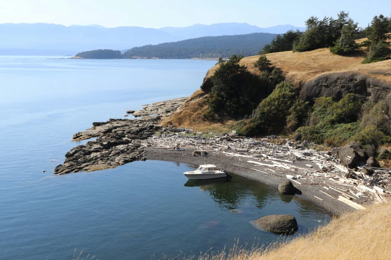 the shore of the ocean is littered with rocks