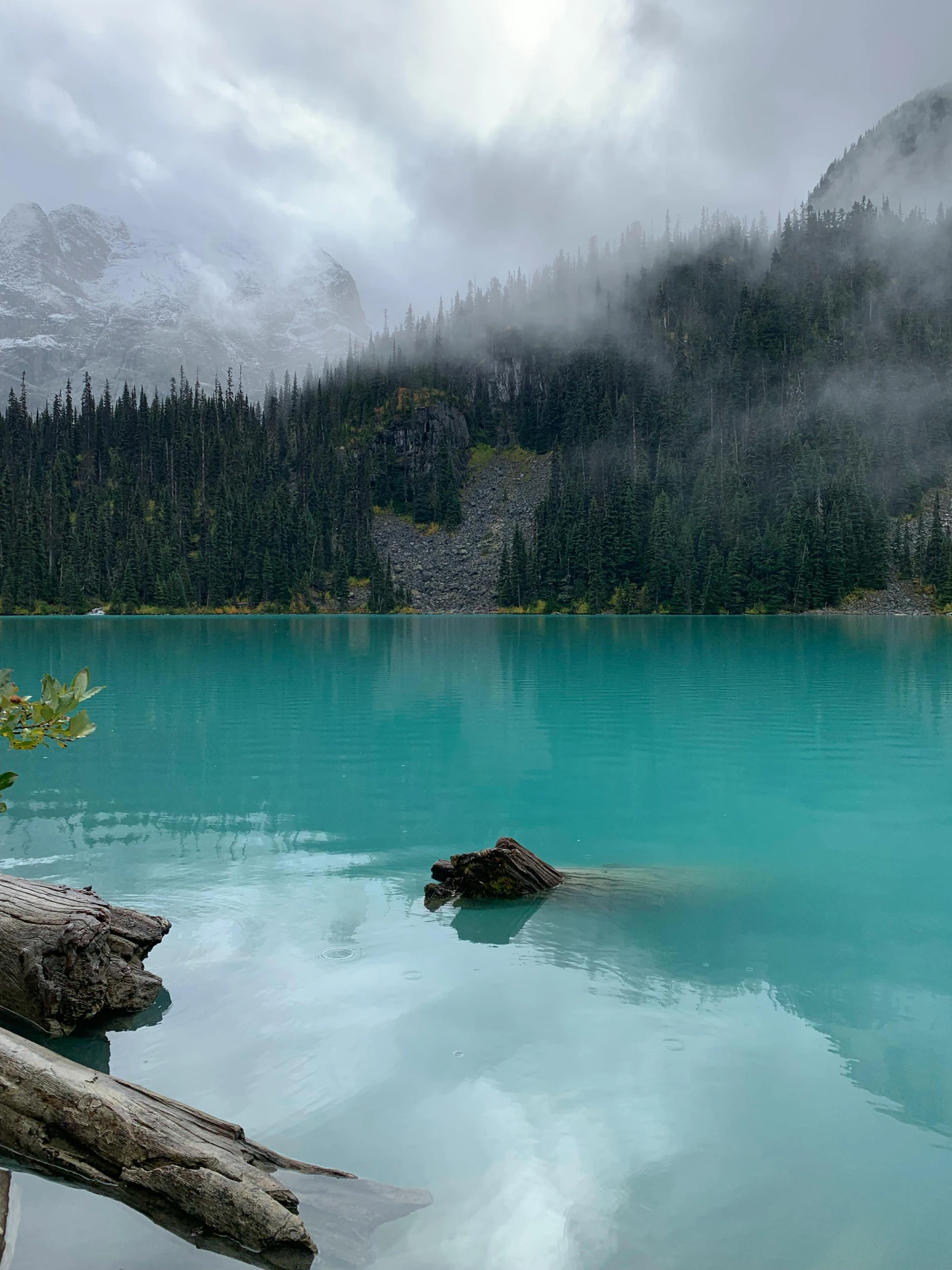 a green lake surrounded by a foggy mountain