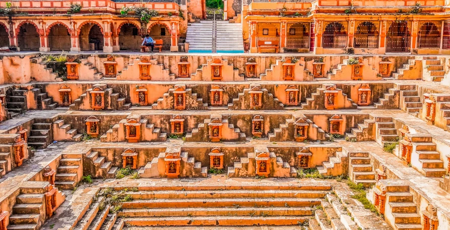 an aerial view of buildings built inside and out of a courtyard