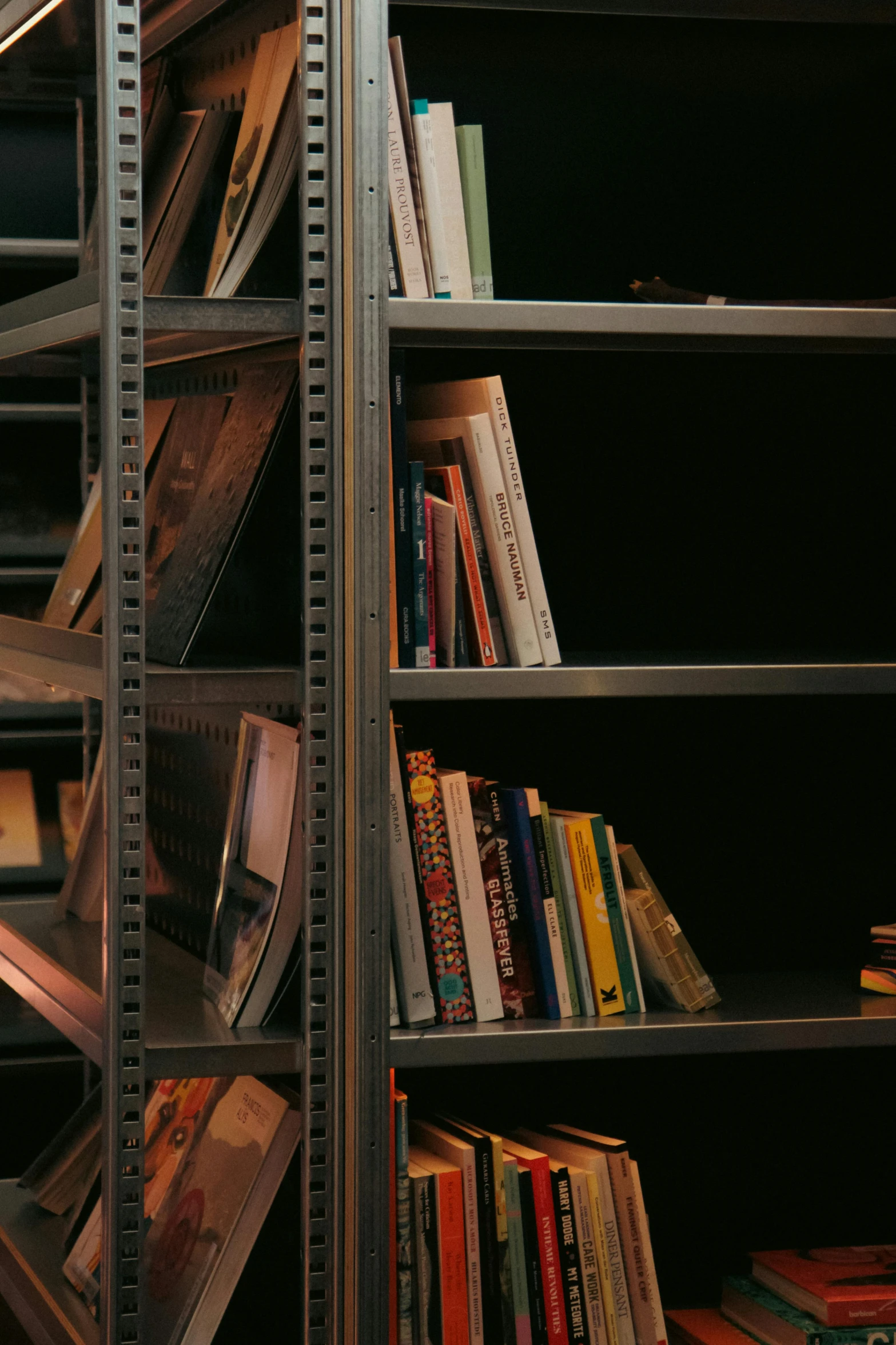 an image of bookshelves with files and magazines