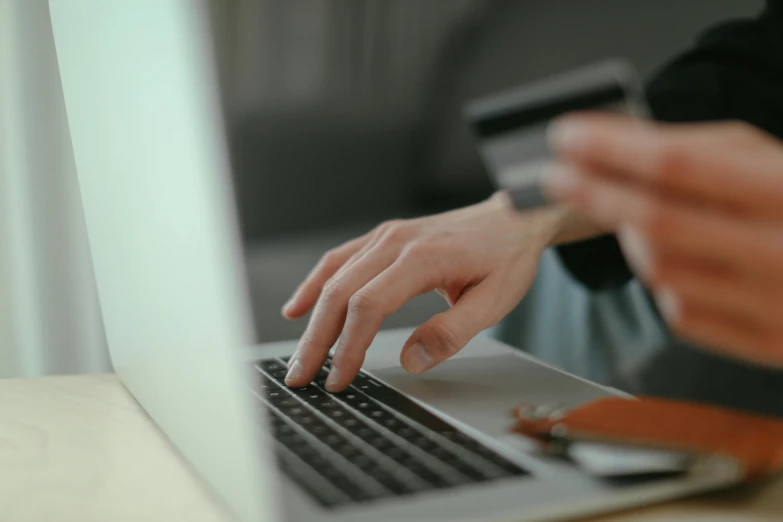 a hand holds a credit card while typing on a laptop computer