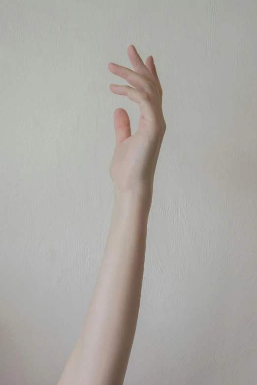 a woman's arm with a hand raised to the side