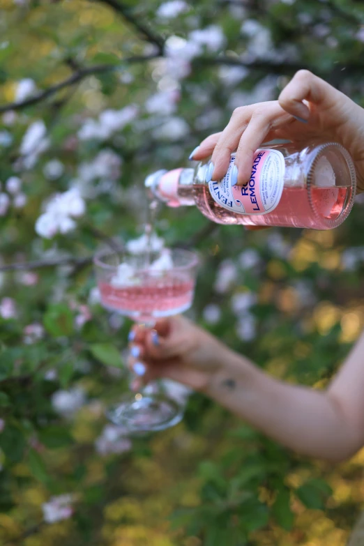 a woman wearing a red dress pouring pink cocktail into a wine glass