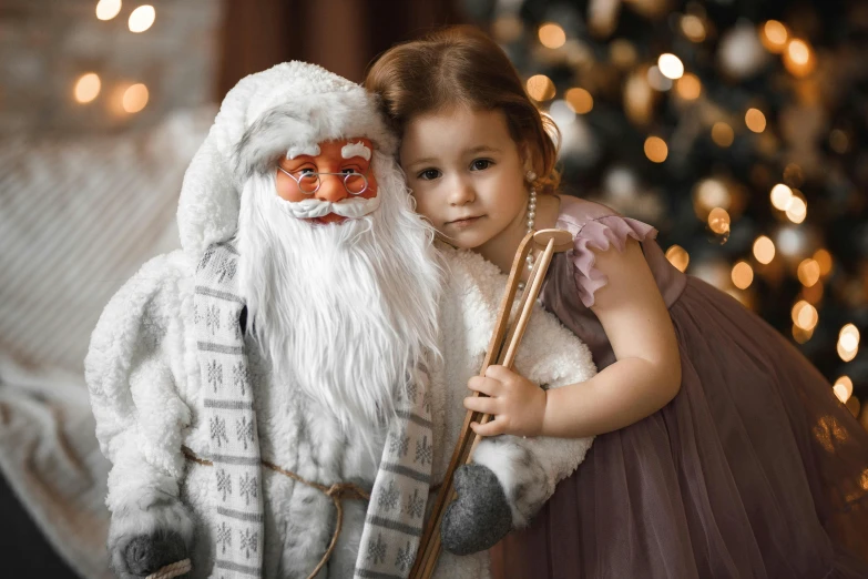 a little girl is hugging santa claus, a giant white beard