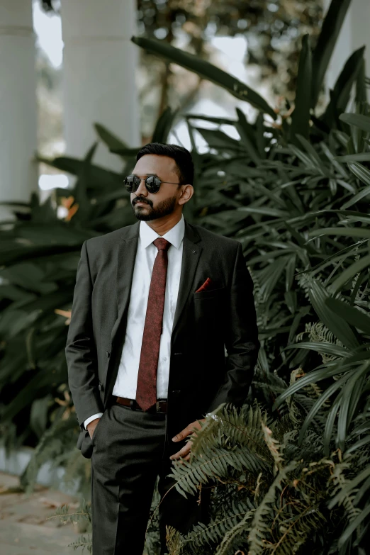 a man in a black suit and sunglasses is standing in a greenhouse