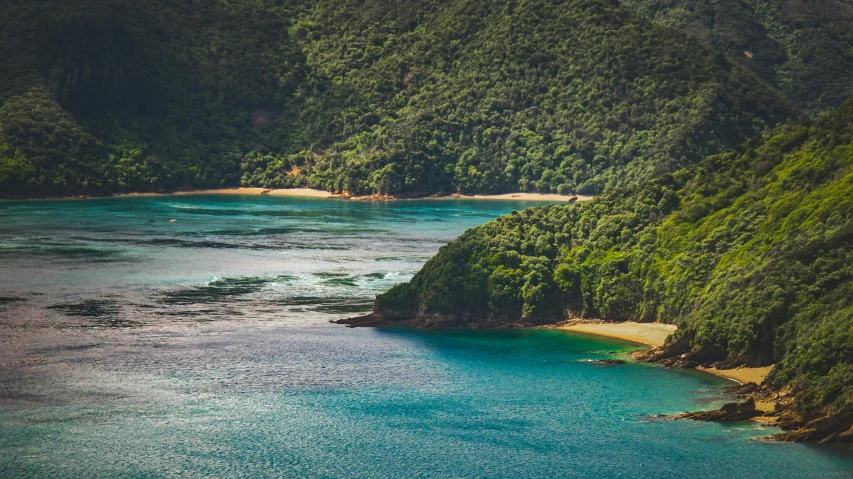 aerial view of beautiful tropical bay surrounded by lush green hills