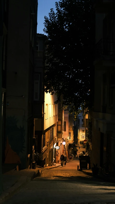 alleyway with people walking around, street lamp out at night