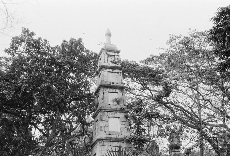 a clock tower surrounded by trees under a cloudy sky