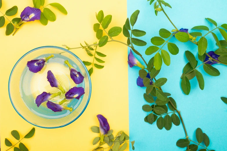 flowers are floating inside a glass bowl on top of yellow and blue paper