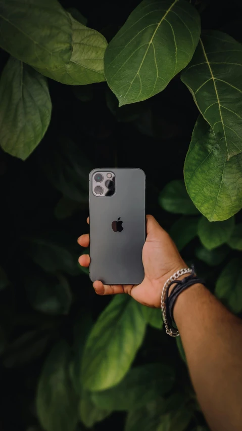 a person holding up a iphone with a black frame