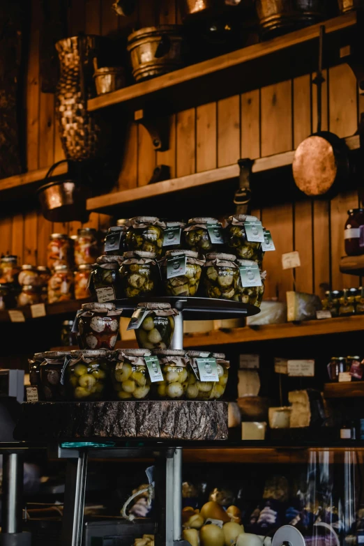 a variety of jars and food items at a store