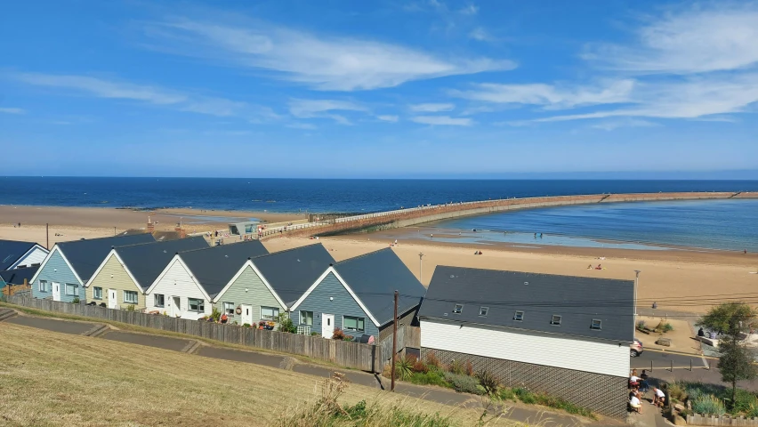 a large group of houses next to a body of water