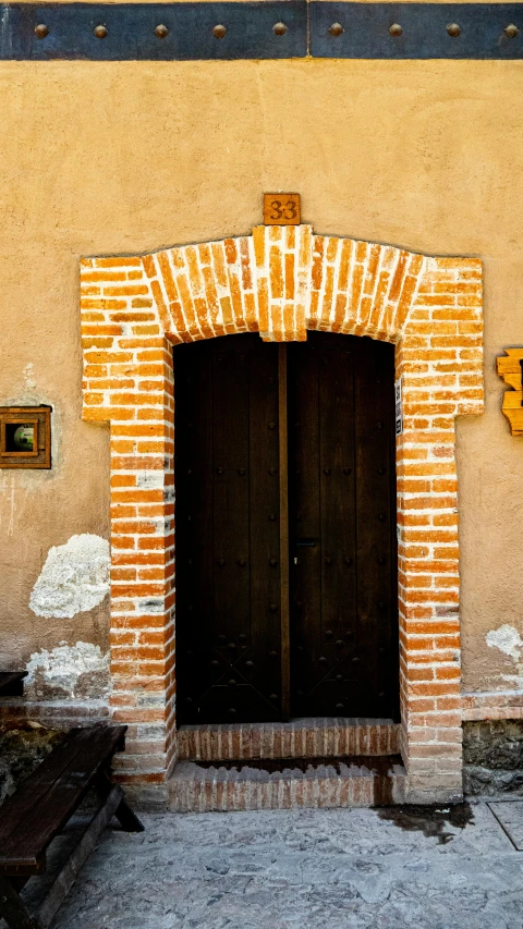 a small door sits between two benches and a building