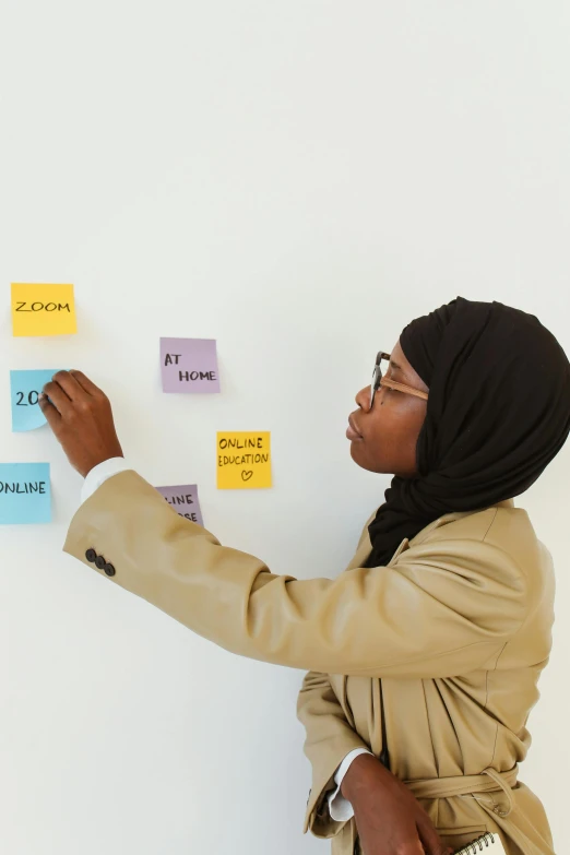 a woman is shown putting sticky notes on the wall