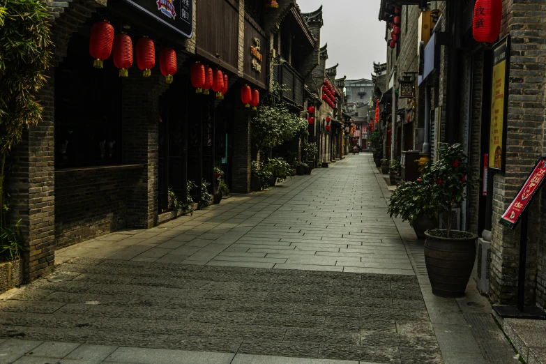 the street has many small buildings and chinese lanterns