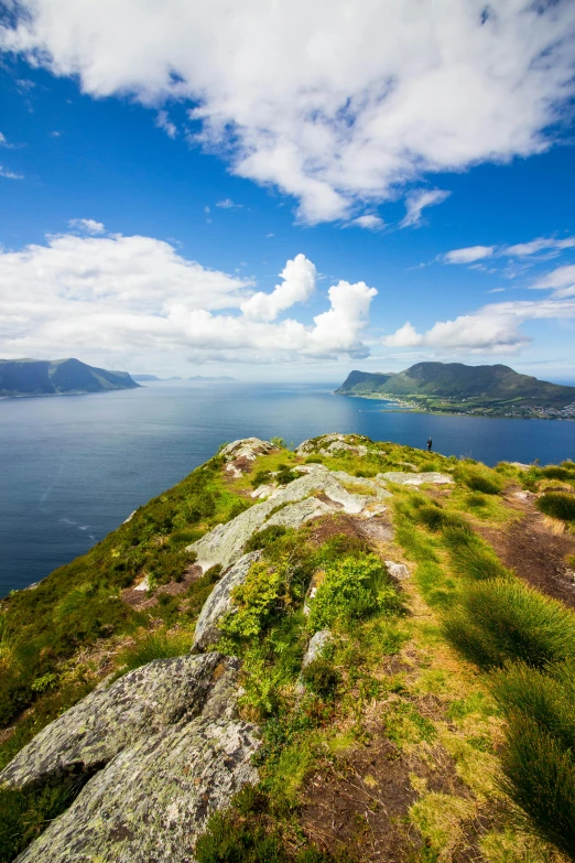 a grassy island surrounded by the ocean and mountains