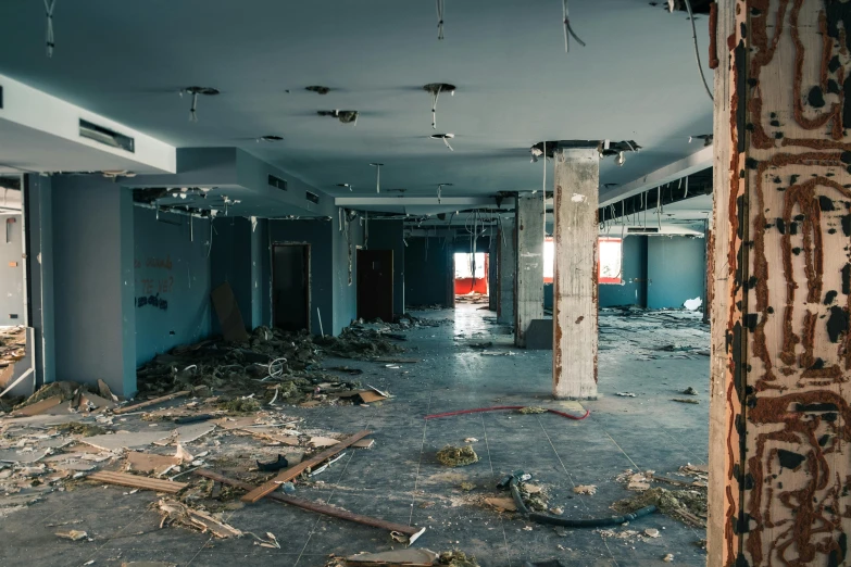 a picture of an office with many debris on the ground