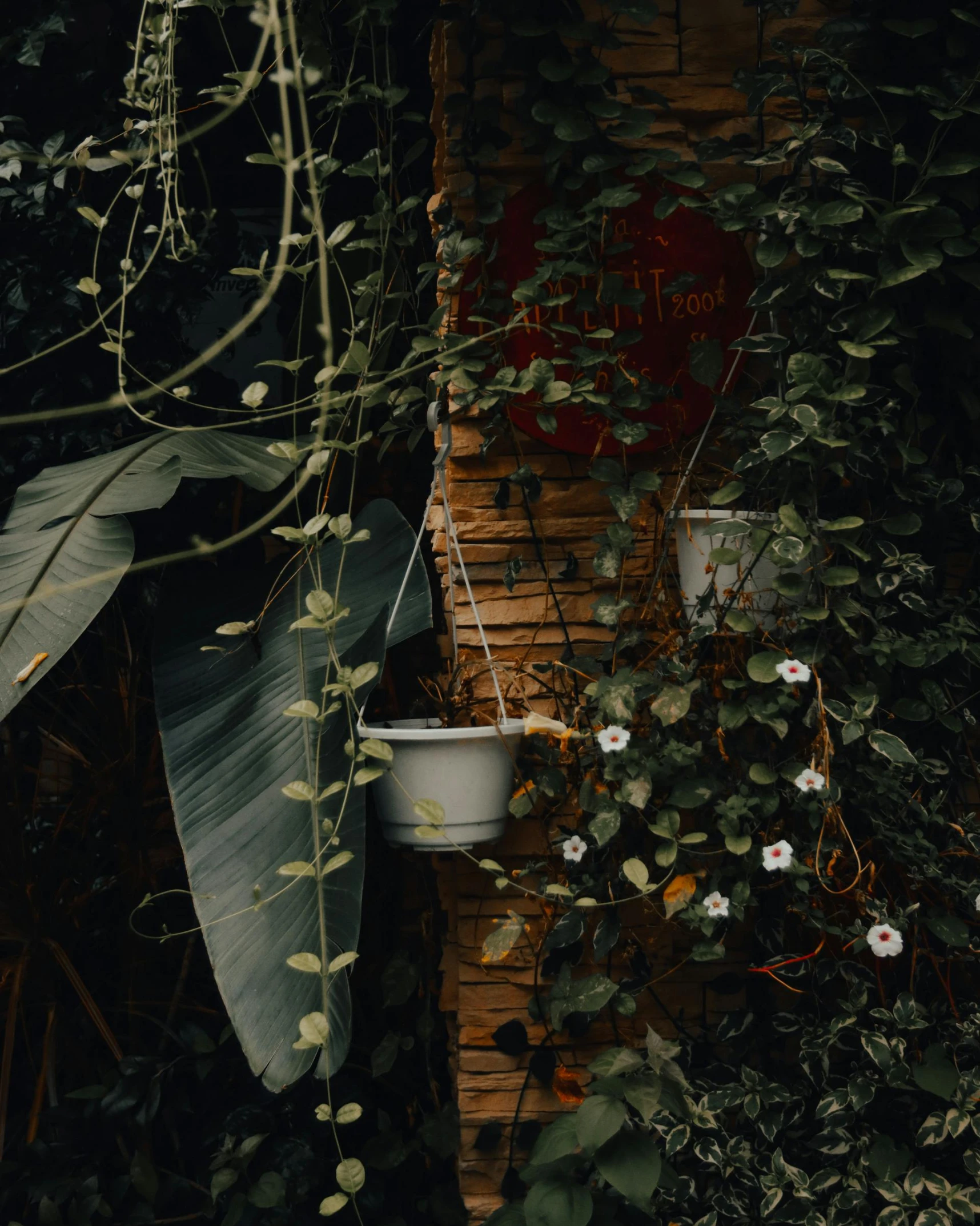 a brick wall surrounded by plants and flowers