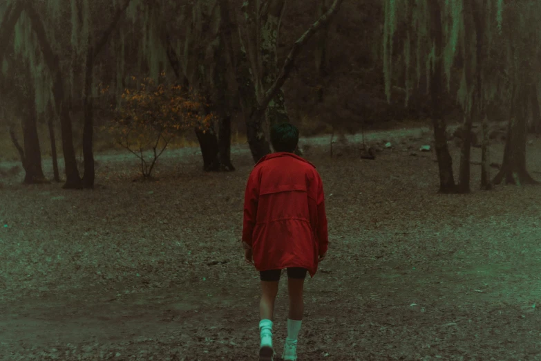 a person wearing red standing in a forrest in the rain