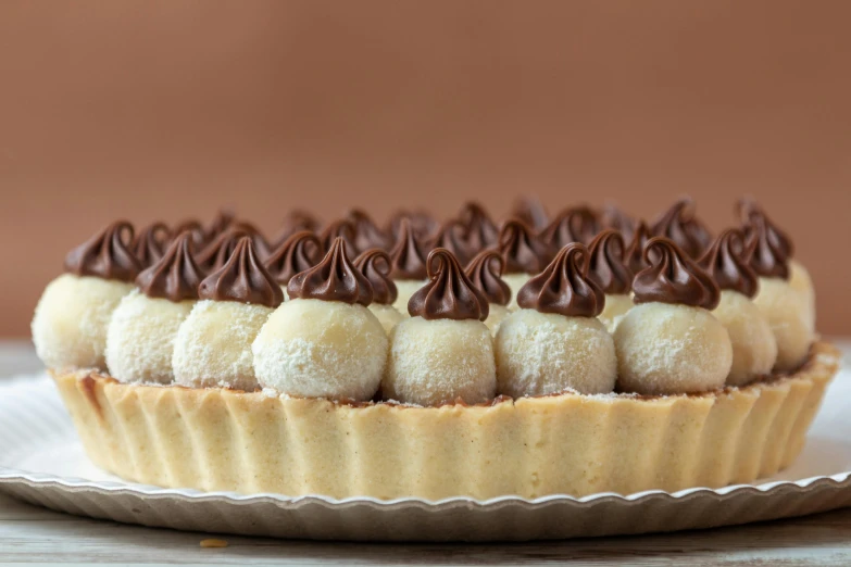 desert on plate with chocolate decoration on top