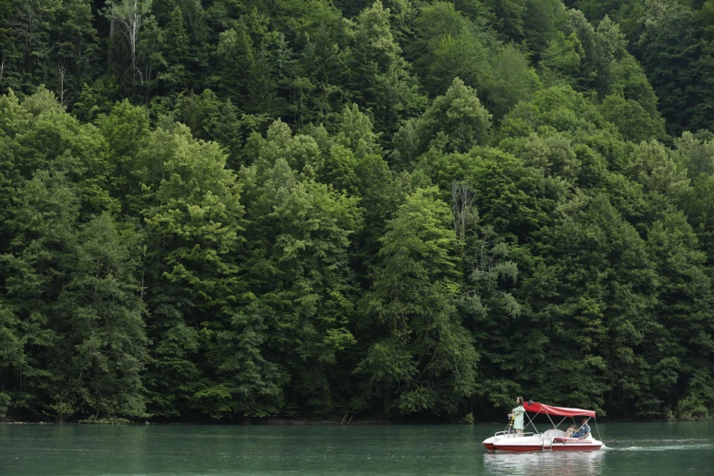 a boat with a flag on it drives in the water