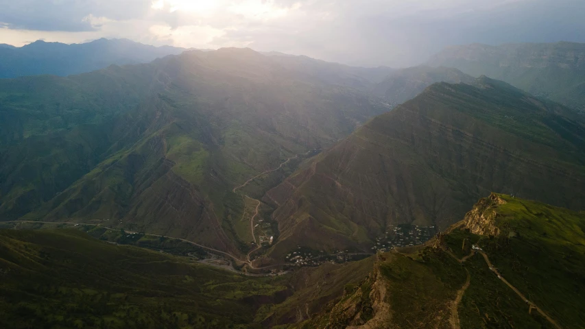 an aerial view looking down at the mountains