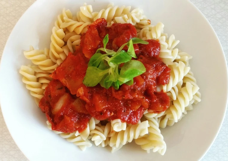 pasta and sauce with tomato sauce and basil on top