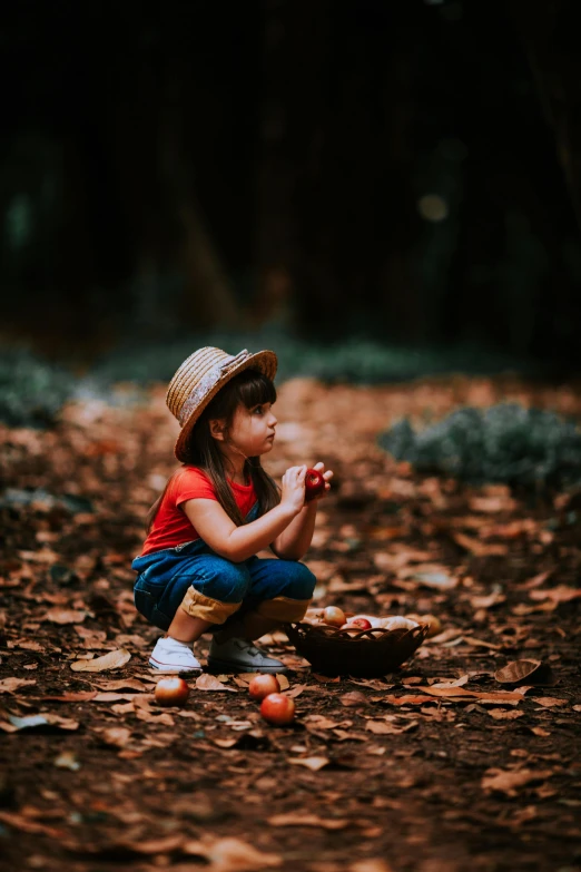 a little girl that is kneeling down next to apples