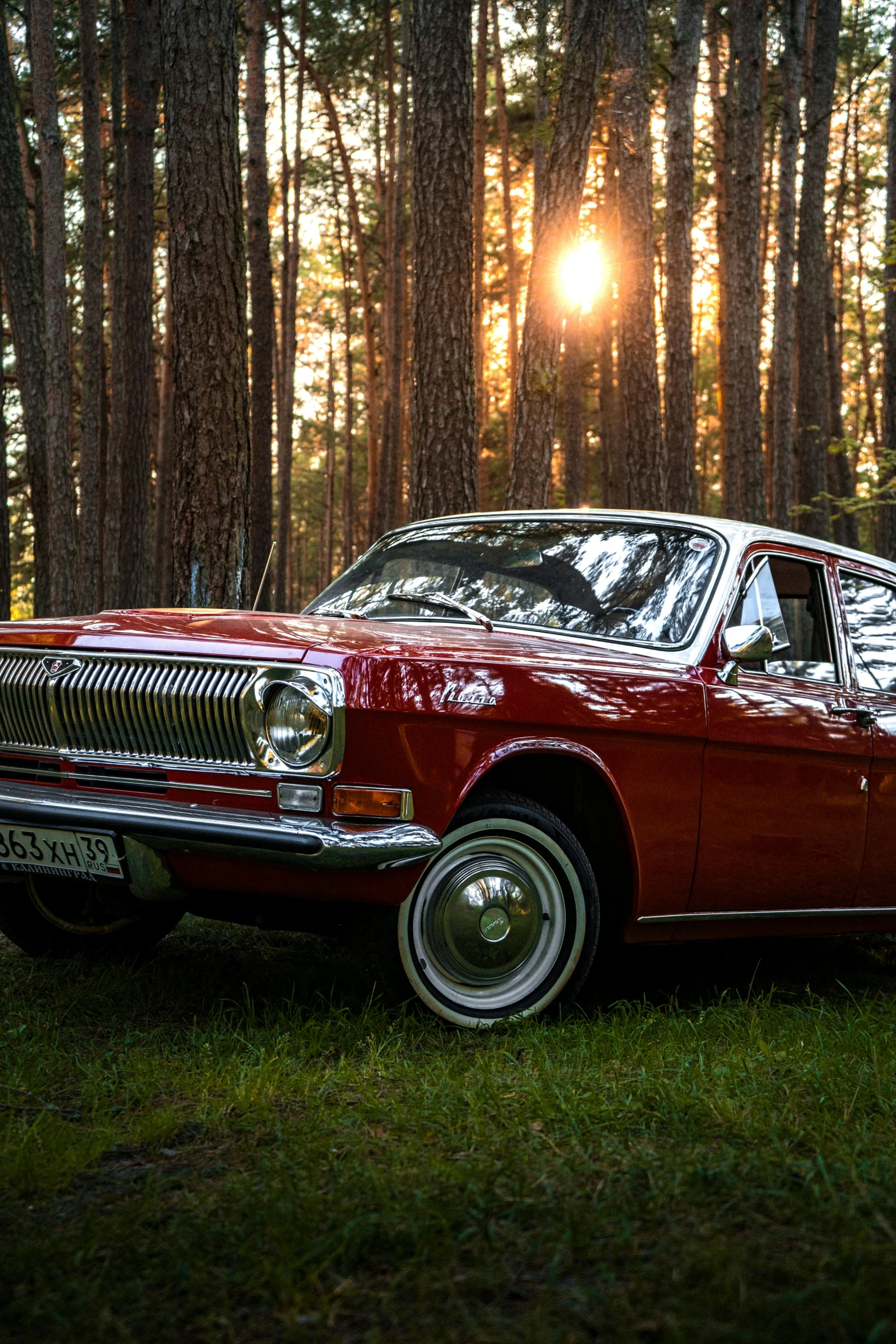 the red classic car parked in the grass