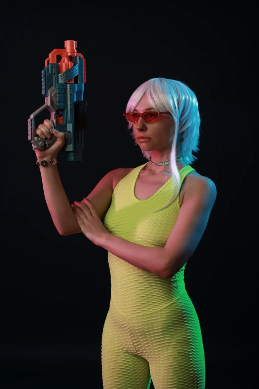 a person dressed in neon clothing and holding a gun