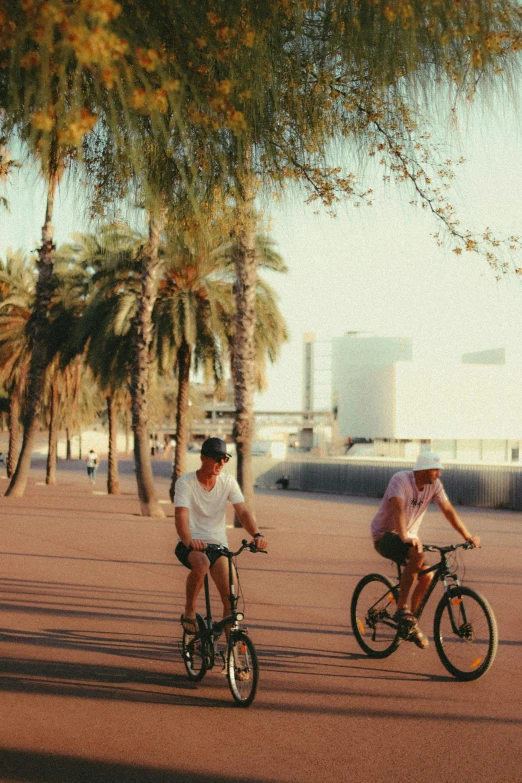 two bicyclists on bicycles ride through a park