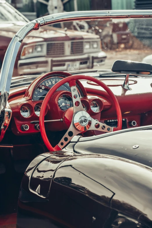 a close up of the interior of an old car