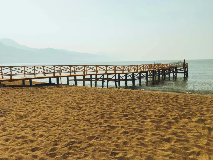 an image of a pier with birds at the beach