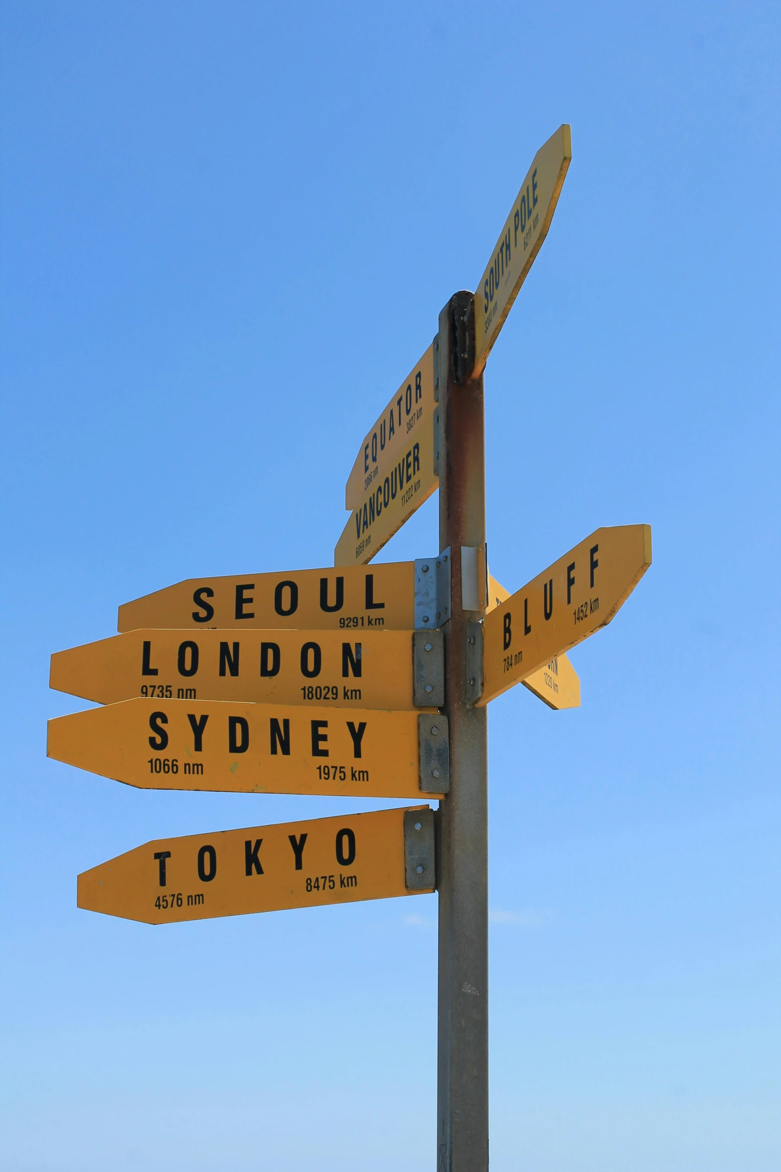 a pole with multiple street signs on it against the blue sky