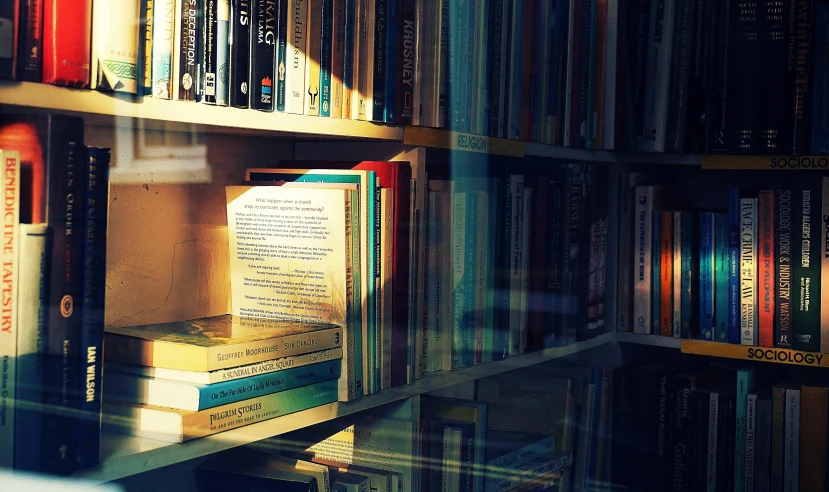 several books are stacked on one shelf and sitting beside each other