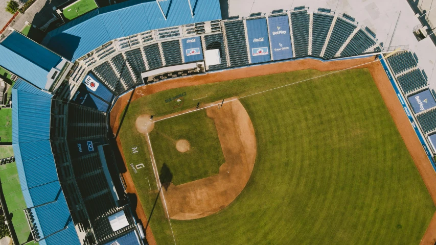 an overhead view of a baseball field and baseball stadium